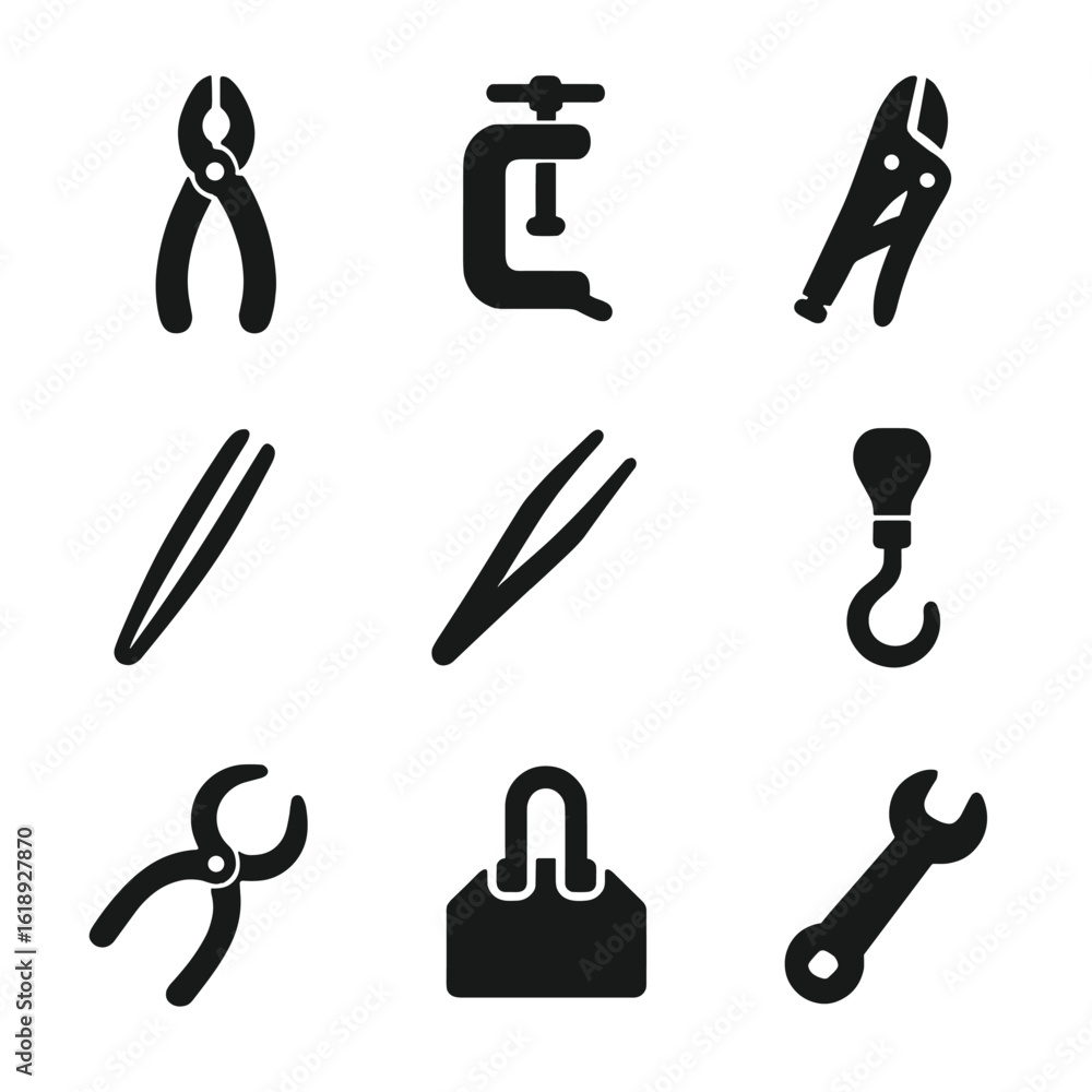Fototapeta premium Gripping Tools Icons. Solid, filled icon set of gripping tools: pliers, clamp, vise grip, tongs, tweezers, suction tool, hook