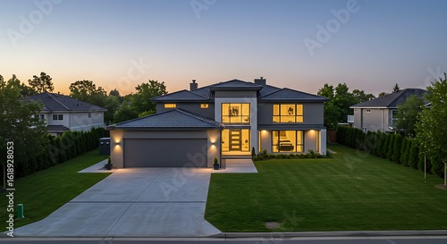 Spacious panoramic view of modern house with garage and green lawn property in prime location