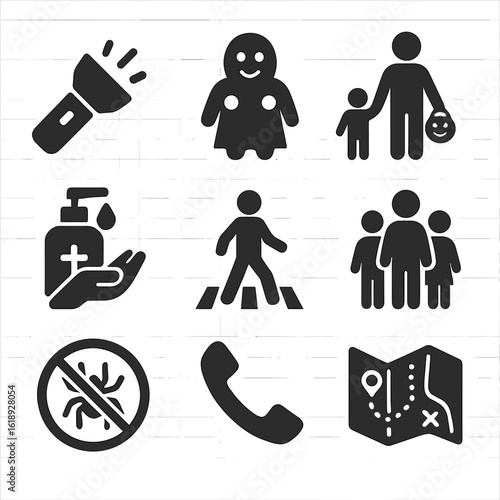Halloween Safety Icons. Solid, filled icons set of Halloween safety tips: flashlight, reflectors on costume,