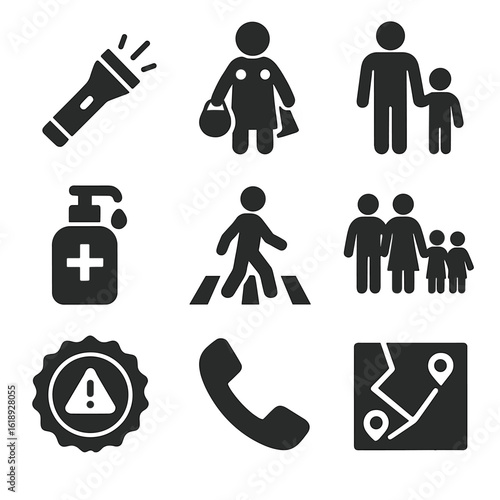 Halloween Safety Icons. Solid, filled icons set of Halloween safety tips: flashlight, reflectors on costume,