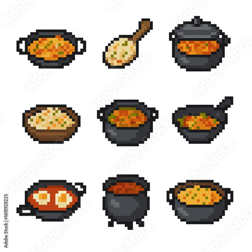 One-Pot Meal Icons. Pixel art icon set of one-pot meals: paella pan, risotto spoon, jambalaya pot, pilaf bowl, curry pot, stir-fry