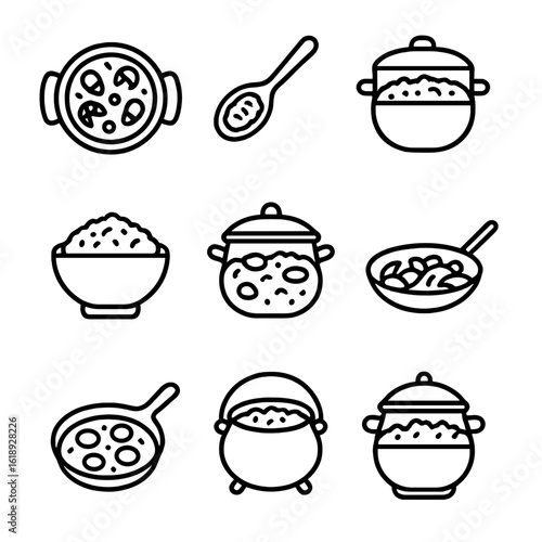 One-Pot Meal Icons. Outline icon set of one-pot meals: paella pan, risotto spoon, jambalaya pot, pilaf bowl, curry pot, stir-fry