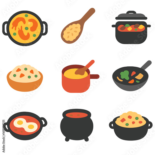 One-Pot Meals Icons. Flat icon set of one-pot meals: paella pan, risotto spoon, jambalaya pot, pilaf bowl, curry pot, stir-fry wok