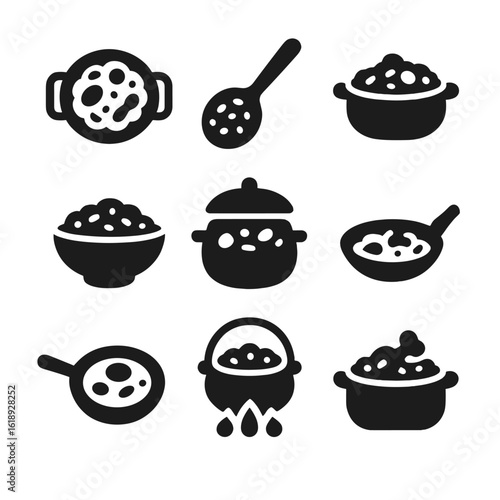 One-Pot Meal Icons. Solid, Filled icon set of one-pot meals: paella pan, risotto spoon, jambalaya pot, pilaf bowl, curry pot, stir