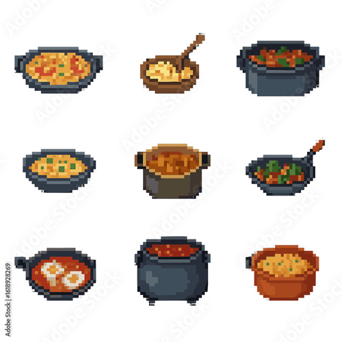 One-Pot Meal Icons. Pixel art icon set of one-pot meals: paella pan, risotto spoon, jambalaya pot, pilaf bowl, curry pot, stir-fry