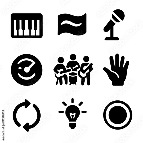 Healing Music Icons. Solid, filled icons set of music improvisation for healing: keyboard, freestyle wave,