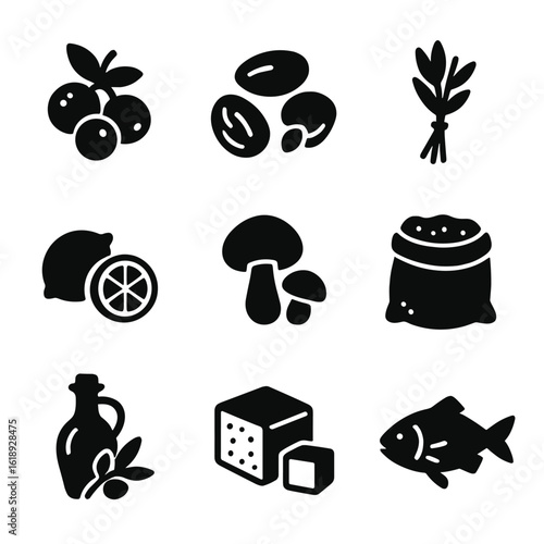Organic Market Icons. Solid, filled icon set of organic food market items: fresh berries, nuts, herbs bundle, citrus fruits,