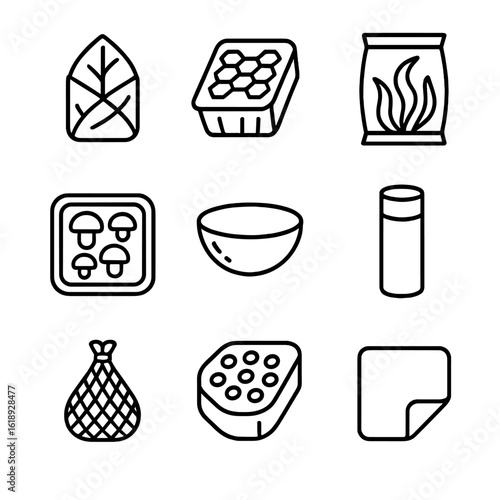 Organic Packaging Icons. Outline icon set of organic packaging forms: leaf wrap, honeycomb carton, mushroom pulp tray, seaweed