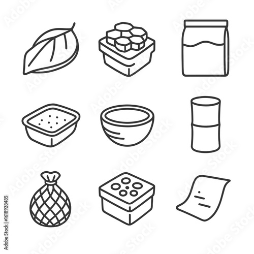 Organic Packaging Icons. Outline icon set of organic packaging forms: leaf wrap, honeycomb carton, mushroom pulp tray, seaweed