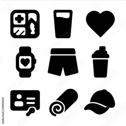 Healthy and Problem Solving Icons. Solid, filled icon set of healthy lifestyle support: meal prep box, water glass, heart symbol,