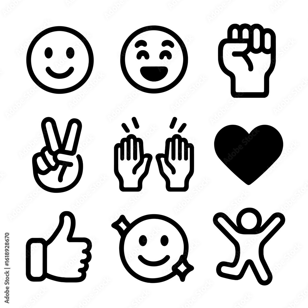 Fototapeta premium High Five Emotions Icons. Solid, filled icon set of high five emotions: happy face, excited face, fist raised, victory sign,