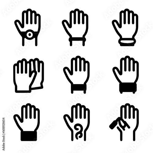 High Five Accessories Icons. Solid, filled icon set of high five accessories: wristwatch, bracelet, ring, gloves, arm band,