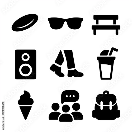 Outdoor Fun Icons. Solid, filled icon set of outdoor fun with friends: frisbee, sunglasses, park bench, music speaker, walking
