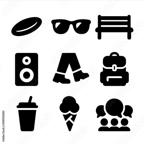 Outdoor Fun Icons. Solid, filled icon set of outdoor fun with friends: frisbee, sunglasses, park bench, music speaker, walking