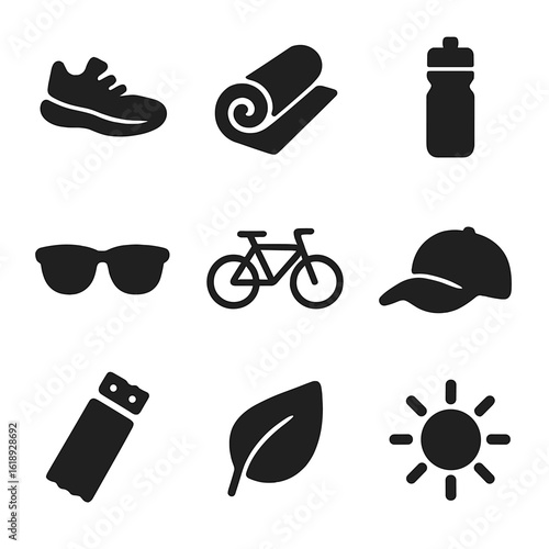 Outdoor Gear Icons. Solid, filled icon set of healthy outdoor lifestyle: running shoes, yoga mat, water bottle, sunglasses, bike,