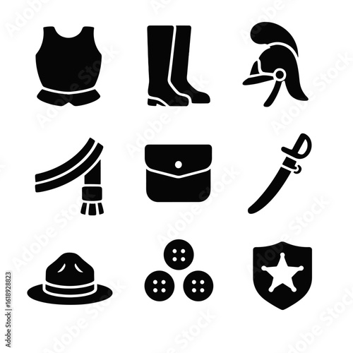 Historical Military Icons. Solid, filled icons set of historical military uniforms and gear: cuirass plate,