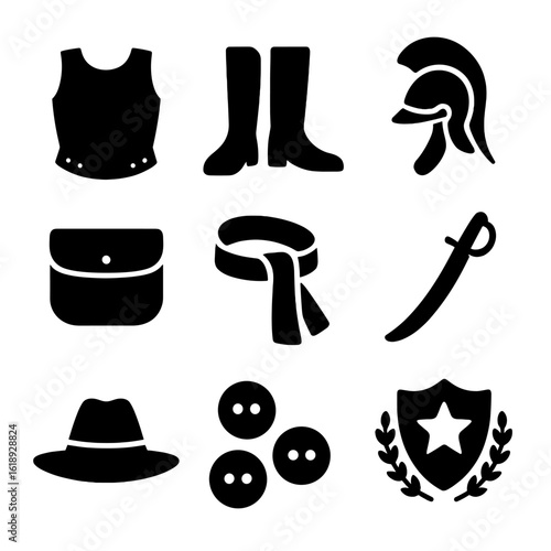 Historical Military Icons. Solid, filled icons set of historical military uniforms and gear: cuirass plate,
