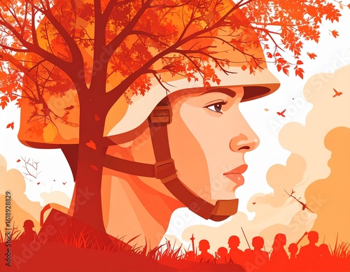 Conceptual portrayal of a soldier's face intertwined with elements of nature and the chaos of war amidst an autumn backdrop