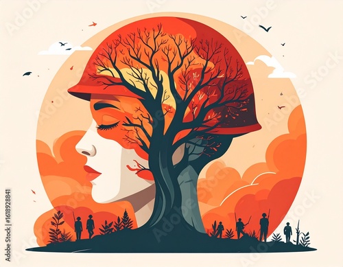Conceptual illustration blending a soldier's face with nature and war imagery depicting resilience and harmony