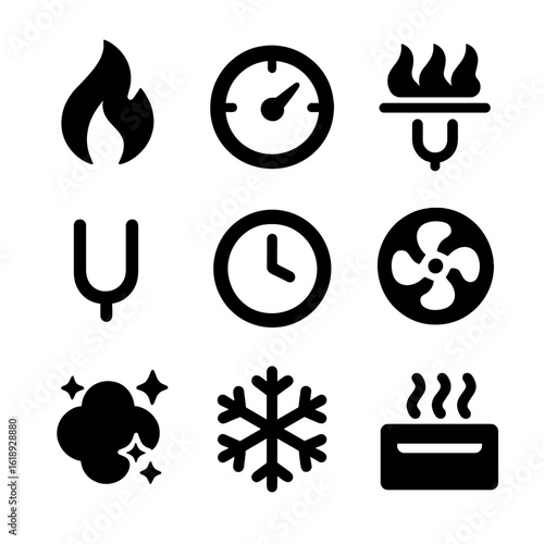 Oven Control Icons. Solid, Filled icon set of oven knob indicators: flame icon, temperature gauge, broil symbol, bake element,