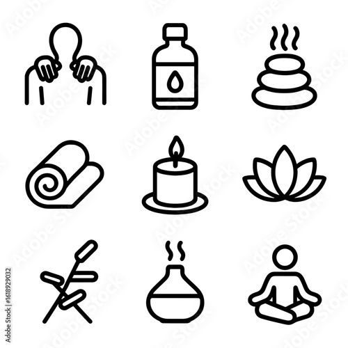 Holistic Massage Icons. Solid, filled icon set of holistic massage therapy: hands massaging neck, essential oil bottle, hot stone