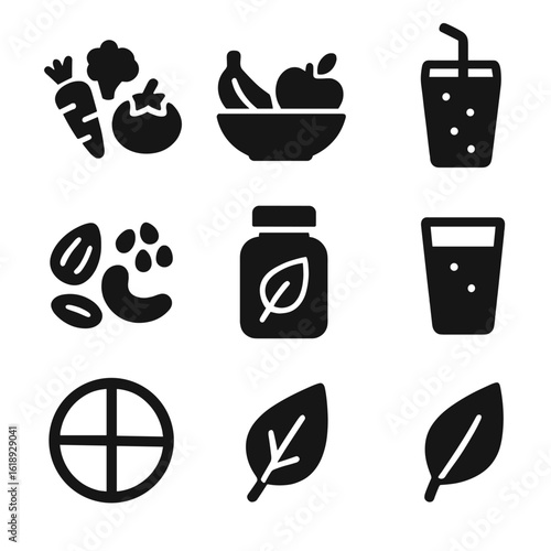 Holistic Nutrition Icons. Solid, filled icon set of holistic nutrition: fresh vegetables, fruit bowl, smoothie glass, nuts, seeds,