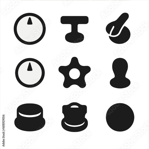 Oven Knob Icons. Flat icon set of oven knob styles: round dial, T-bar knob, paddle lever, pointer dial, star-shaped, ergonomic