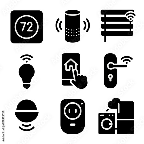 Home Automation Icons. Solid, filled icons set of home automation for convenience: smart thermostat, voice