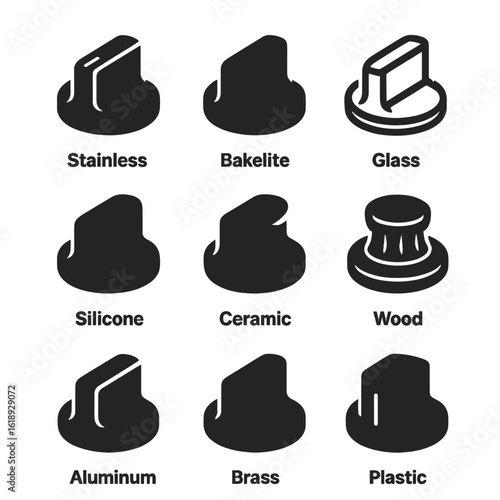 Oven Knob Icons. Solid, Filled icon set of oven knob materials: stainless steel, bakelite, glass, silicone, ceramic, wood,