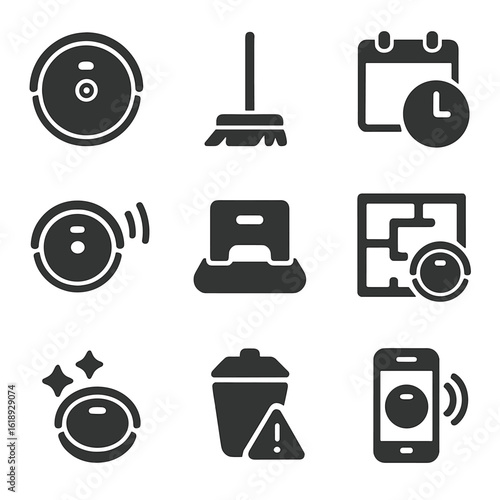 Home Cleaning Icons. Solid, filled icons set of home cleaning automation: robot vacuum, mop icon, cleaning