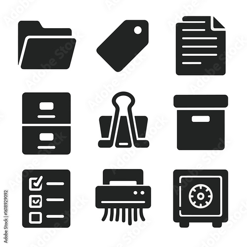 Home Filing Icons. Solid, filled icons set of creating a home filing system for important papers: file folder,