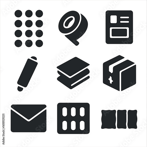 Packaging Material Icons. Solid, filled icon set of packaging materials: bubble wrap, packing tape, shipping labels, stretch film,