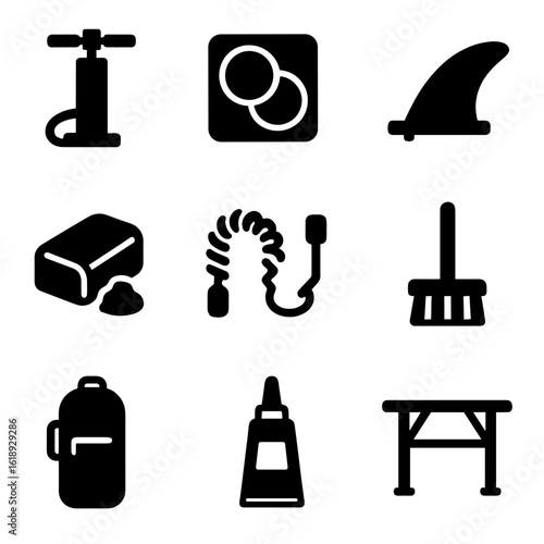 Paddleboard Repair Icons. Solid, filled icon set of paddleboarding maintenance and repair: pump, patch kit, fin replacement, wax,