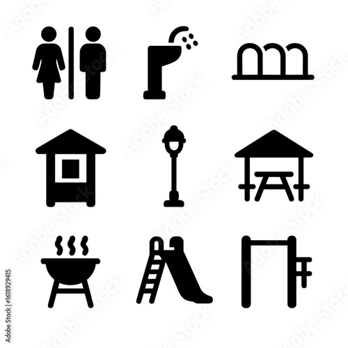 Park Amenities Icons. Solid, filled icon set of park facilities and amenities: restroom, drinking fountain, bike rack, information