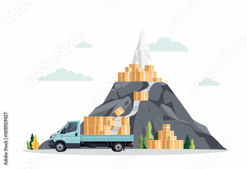 Delivery truck transporting boxes near mountain landscape  