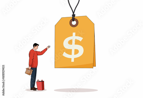 Man holding shopping bag and pointing at price tag with dollar sign  