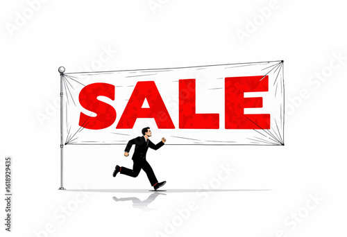 Businessman running towards large sale banner in promotional concept  