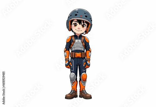 Cartoon boy wearing protective sports gear and smiling confidently  