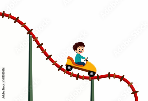 Cartoon boy enjoying a roller coaster ride with a smile  