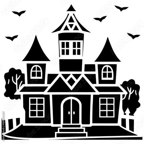 Spooky haunted castle with bats and trees silhouette