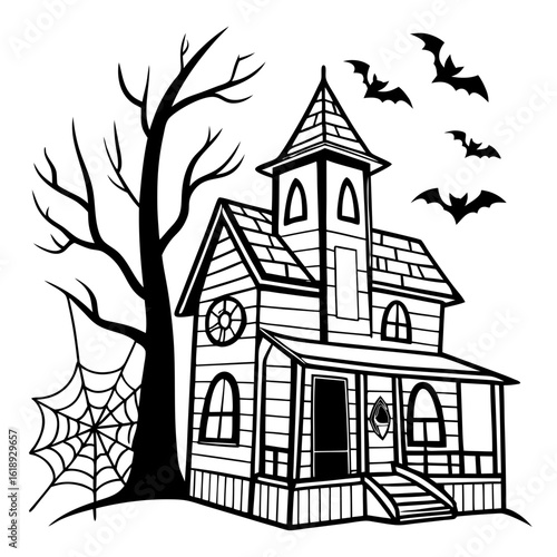 Spooky haunted house with bats and spiderweb silhouette