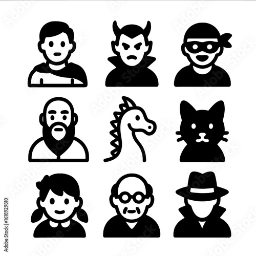 Iconic Character Grid. Solid, filled icon set of character design in book illustration: hero, villain, sidekick, mentor, mythical