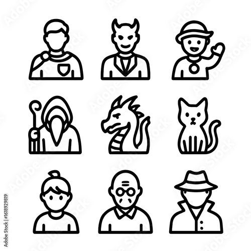 Iconic Character Grid. Solid, filled icon set of character design in book illustration: hero, villain, sidekick, mentor, mythical