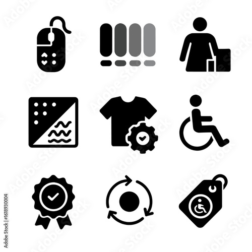 Inclusive Design Icons. Solid, filled icons set of inclusive product design: adaptive item, skin tone range,