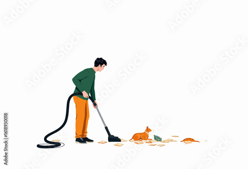 Man vacuuming floor while cat watches in minimalistic home setting  