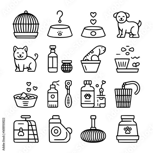 Pet supplies line art icon collection: dog, cat, birdcage, food bowls, toys, grooming tools, medicine, carrier, leash, filter, water fountain. Simple black and white vector graphic set for pet shop, v
