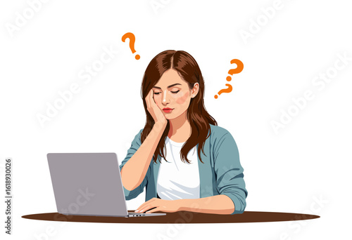 Young woman looking confused while working on a laptop at home  