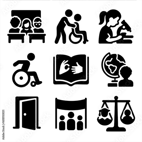 Inclusive Education Icons. Solid, filled icons set of inclusive education: diverse classroom, special needs