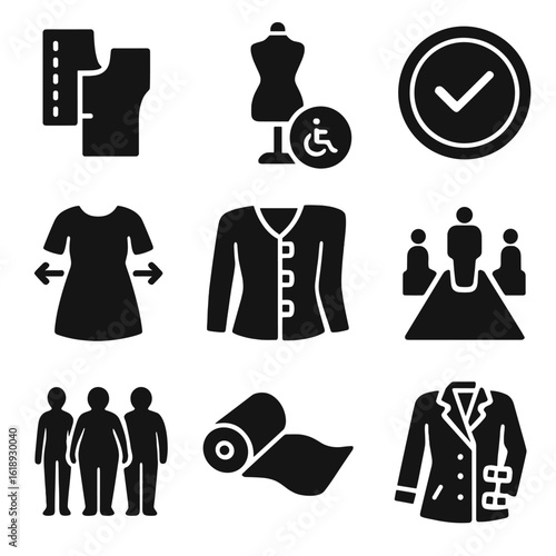 Inclusive Fashion Icons. Solid, filled icons set of inclusive fashion design: clothing pattern icon, mannequin