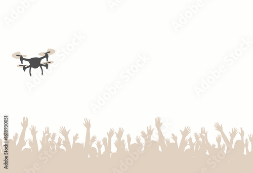 Drone flying above crowd with raised hands on white background  